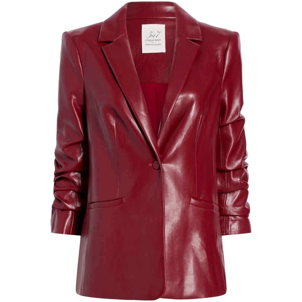 NWT Cinq a Sept Kylie Vegan Leather Jacket Sz 0 Rhubarb Red Ruched Sleeve Blazer - Picture 2 of 16